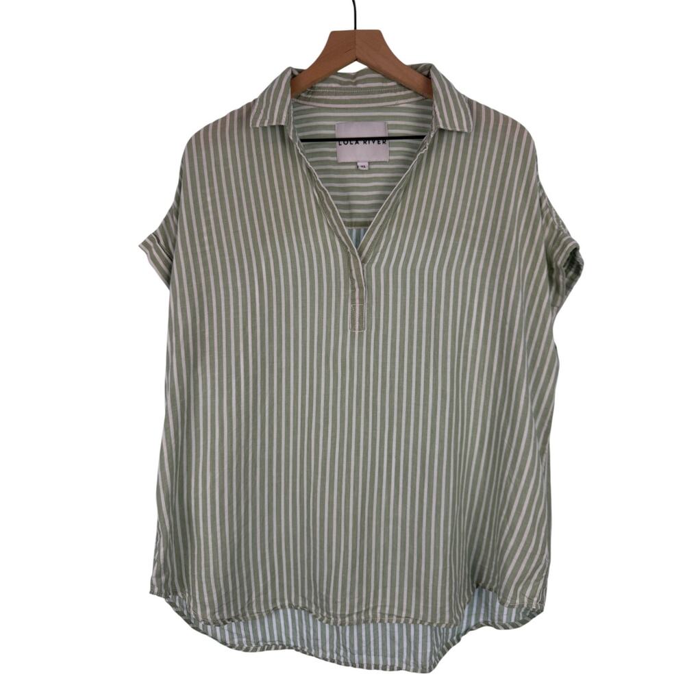 Lola River Blouse Top Womens Popover Linen Blend Green Stripe XL Beachy Coastal